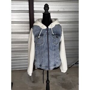 Maurices Women's Denim Jacket Sherpa Hoodie Fleece Sleeves Blue Jean Coat Size L